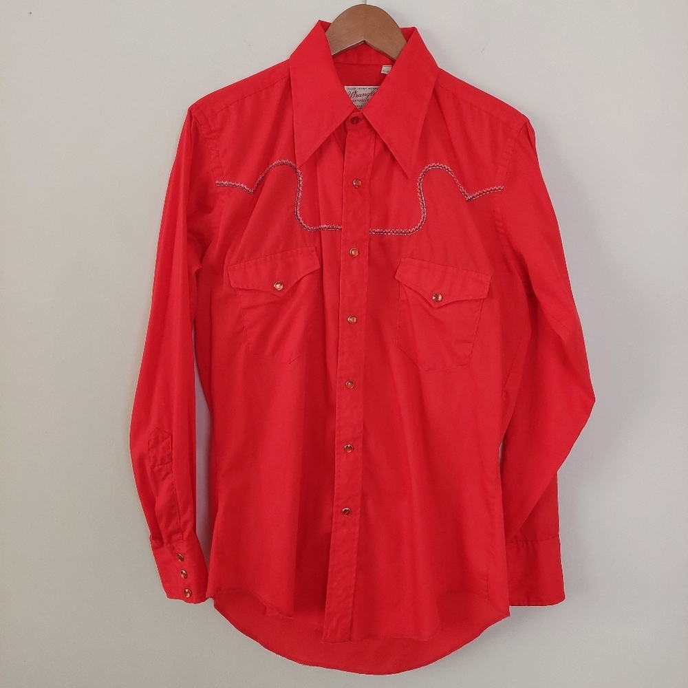Wrangler Vintage Red Embroidered Western Long Tails Decorative Snap Shirt, 15.5